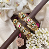 Vriksham Pearl Beaded Kada Bangles With Pink & Green Stones-Screw Type Bangles-G19911